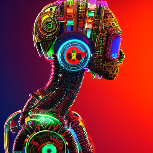 Prompt: a detailed vcyberpunk aztec rococo robot head wearing multicolored wires and headphone, 8 k, front view, symetrical, flourescent colors, halluzinogenic, multicolored, exaggerated detailed, front shot, 3 d render, octane