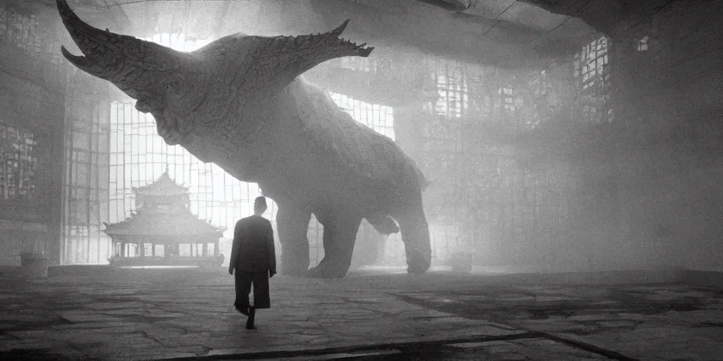 Image similar to light coming out of one bull - like kaiju starfish monster, korean film noir, korean traditional palace, pyongyang city, 1 9 6 0 s, red color bleed, 4 k, video compression, video glitch, monochrome, akira kurosawa, mamoru oshii, wes anderson, stanley kubrick