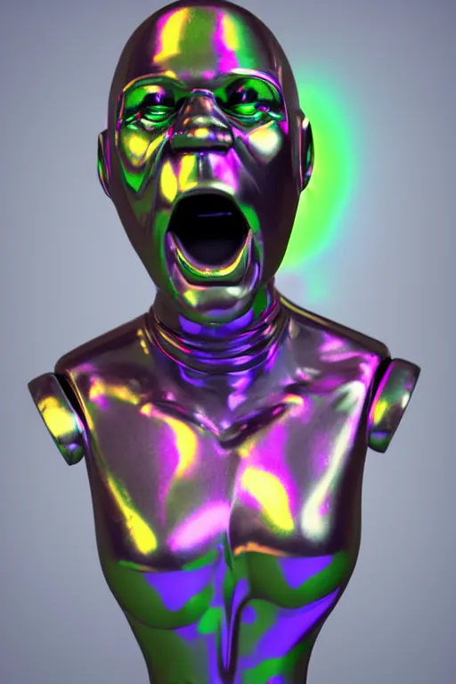 Image similar to 3d render of holographic angry human robotic screaming angry bust made of glossy iridescent, screaming, bust, surrealistic 3d illustration of a human non-binary, non binary model, 3d model human, cryengine, made of holographic texture, holographic material, holographic rainbow, concept of cyborg and artificial intelligence