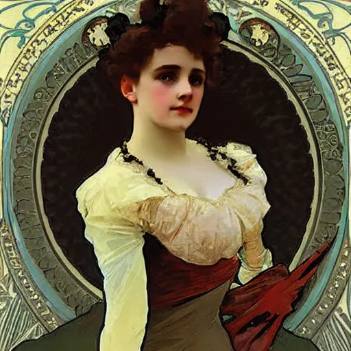 Image similar to young victorian woman in ball gown, painted by alphonse mucha