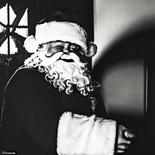 Prompt: A sinister warped evil-looking Santa Claus grinning at the camera, peeking his head from the inside of a chimney into a family living room on Christmas night, security camera footage, grainy footage, wide overhead shot, dark, night camera, hyperrealistic