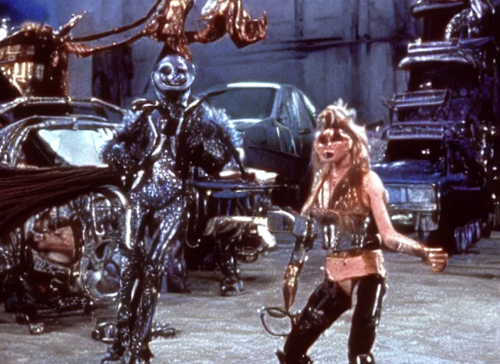 Image similar to scene from the 1 9 8 5 science fiction film muppet mad max beyond thunderdome