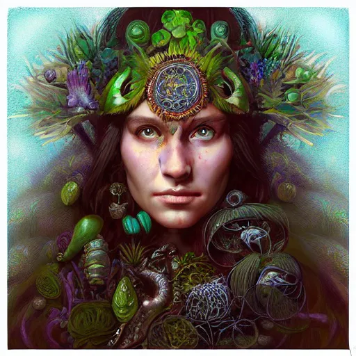 Image similar to “druid portrait by mandy jurgens, andy warhol, ernst haeckel, james jean, artstation”