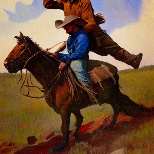 Prompt: a painting of a cowboy riding a theropod in the style of n. c. wyeth and in the style of james gurney.