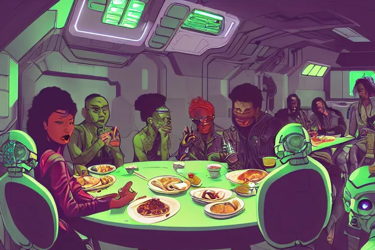 Prompt: asian people and black people and green - skinned humanoids eating breakfast aboard a cyberpunk spaceship, by josan gonzalez