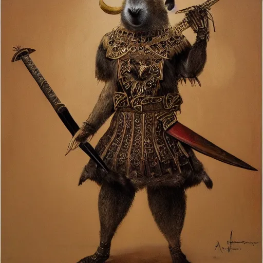 Image similar to fine art painting of an anthropomorphic capybara warrior in full intricate armor, ultra detailed,