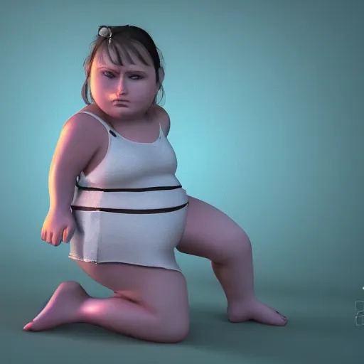 Prompt: the little fat girl is modelling to the camera. wire frame on mesh. 3 d model. 3 d scene. beautiful hands and legs. subsurface scattering shiny skin. beautiful lighting, 4 k post - processing, trending in art station, cg society, highly detailed, 5 k extremely detailed, 3 d. cinematic scene. sharp image