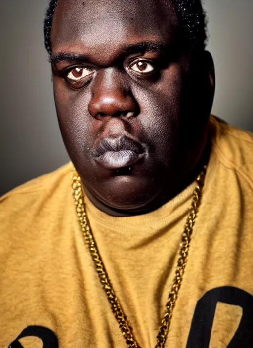 Image similar to DSLR photo portrait still of 50 year old age 50 Notorious BIG at age 50!!!, 85mm f1.8