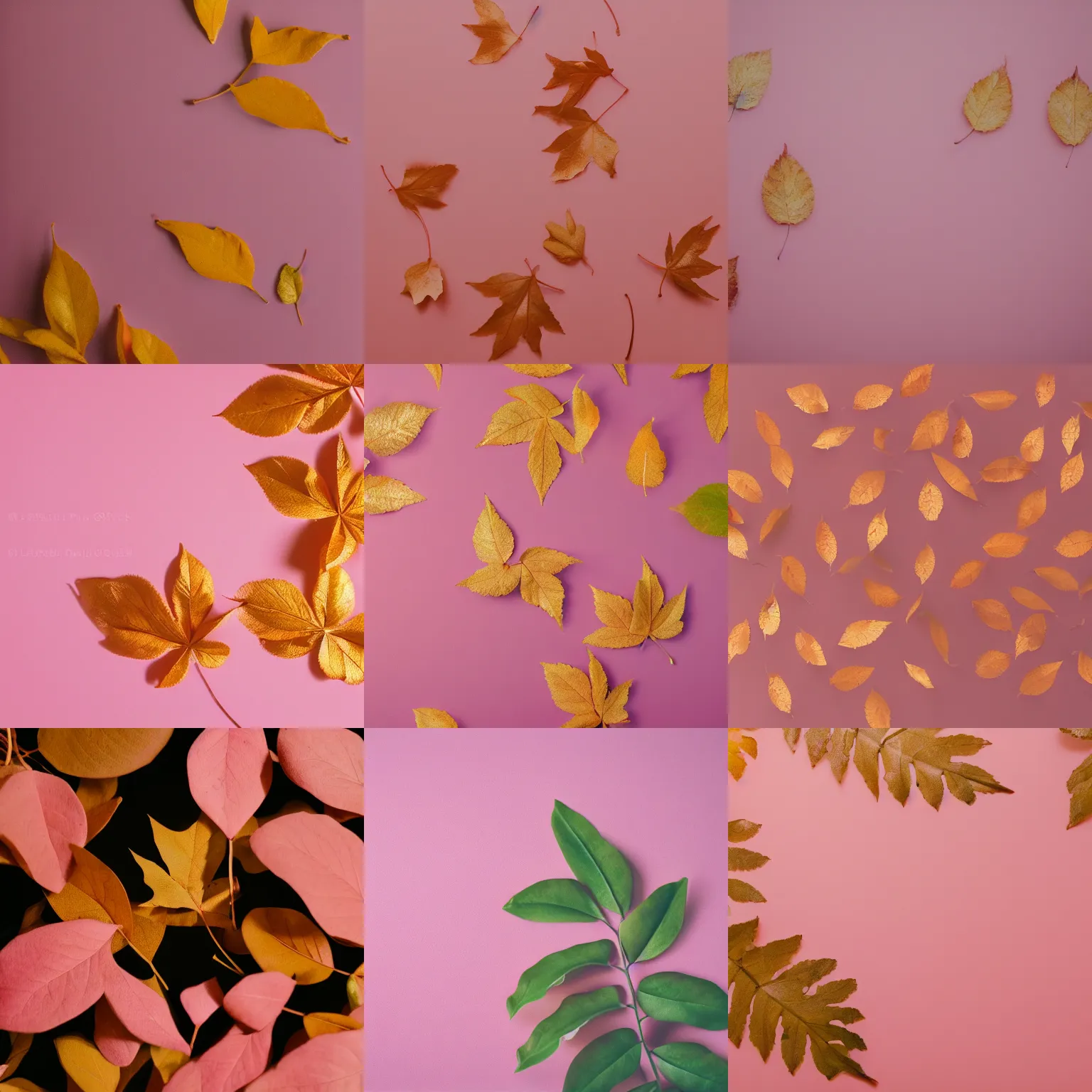 Prompt: golden leaves on pastel pink background, professional photography, soft lighting, 8k