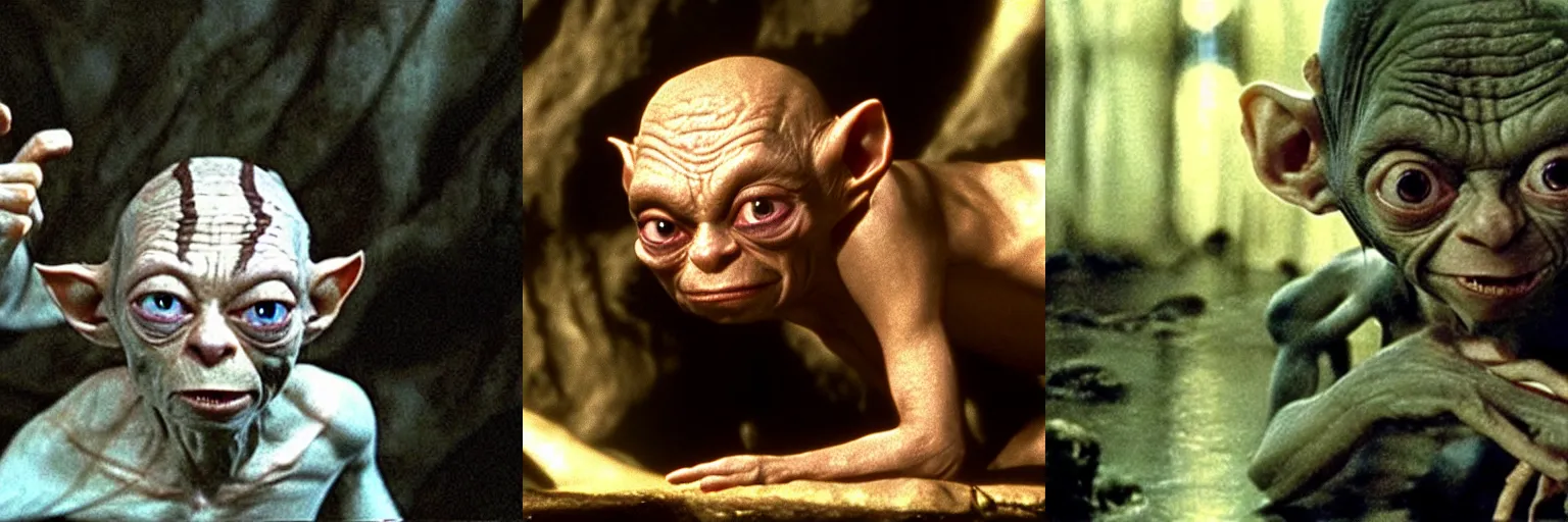 Prompt: Gollum takes the Oscar award, a scene from the movie Lord of the Rings