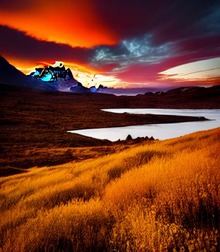 Prompt: award - winning landscape photography, nature photography, photograph of golden hour sunset, patagonia, golden ratio, composition, phaseone, captureone, color graded