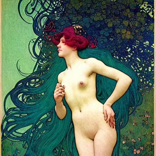 Prompt: long shot 8 k, highly detailed, art nouveau fashion photography of green haired mermaid, fine lines, clean lines, drawn by maxfield parrish, victo ngai, alphonse mucha, henri gillet, william morris, john henry dearle, odilon redon, gaston bussiere, felicien rops, eugene grasset, janis rozentals