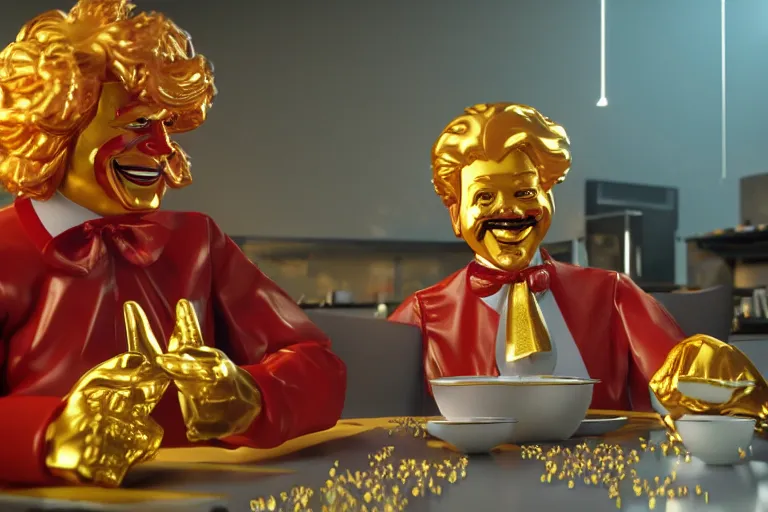 Image similar to a still of ronald mcdonald surrounded by gold and diamonds, award - winning, photograph, 3 d render, unreal engine, 4 k detailed