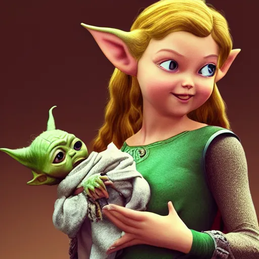 Image similar to real vintage photo, zelda the princess holding baby yoda in her arms, detailed, hyper realistic, 4 k octan render, unreal 5