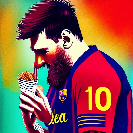 Image similar to lionel messi with a majestic beard eating a kfc zinger by alena aenami