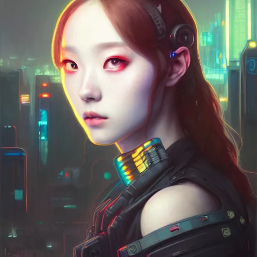 Prompt: portrait painting of cyberpunk chuu from loona as a happy mercenary, ultra realistic, concept art, intricate details, eerie, highly detailed, photorealistic, octane render, 8 k, unreal engine. art by artgerm and greg rutkowski and magali villeneuve and alphonse mucha