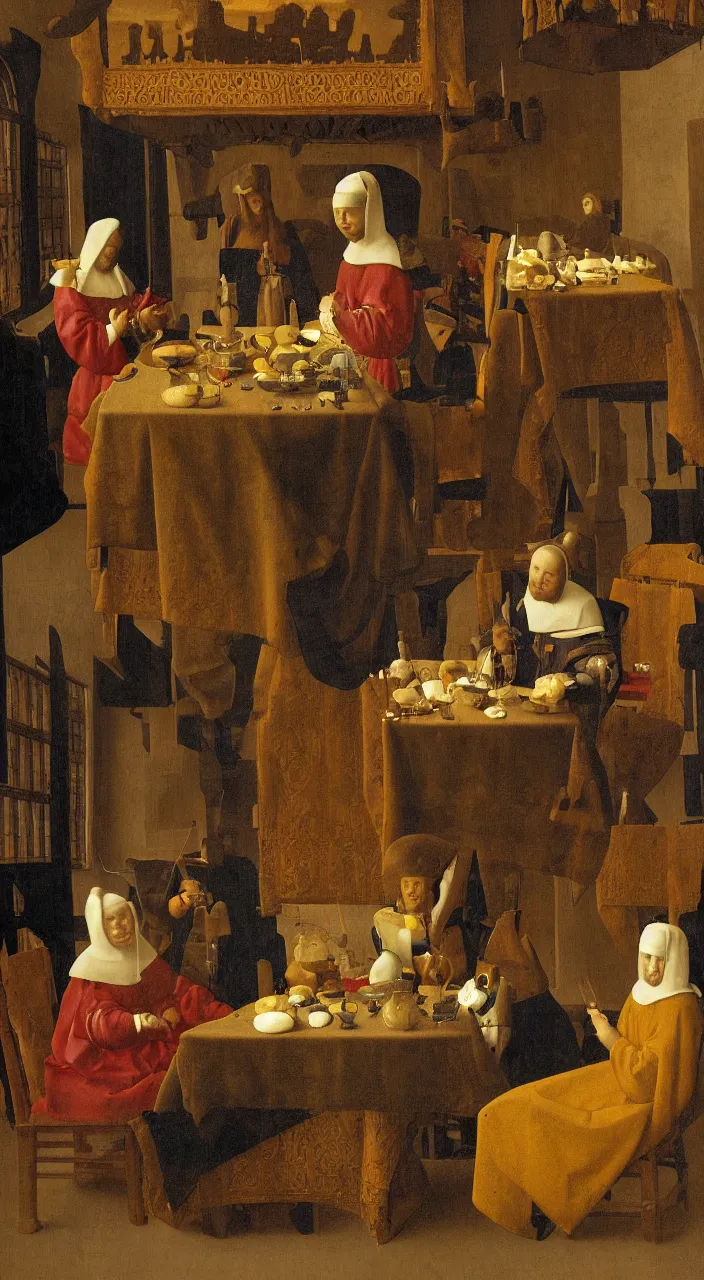 Image similar to Noble lunch. They dined in a large, richly furnished room. There were a lot of food on the table. Medieval painting by Jan van Eyck, Johannes Vermeer, Florence,