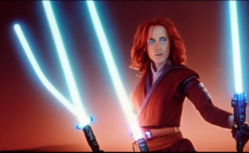 Image similar to screenshot of Jedi Mara Jade, played by Julian Moore, holding a blue lightsaber in right hand, iconic scene from 1980s film by Stanley Kubrick, 4k, windy hair, cinematic still frame, surreal sci fi set design, photoreal, detailed face, moody storm lighting, stunning cinematography, hyper detailed, sharp, anamorphic lenses, kodak color film stock