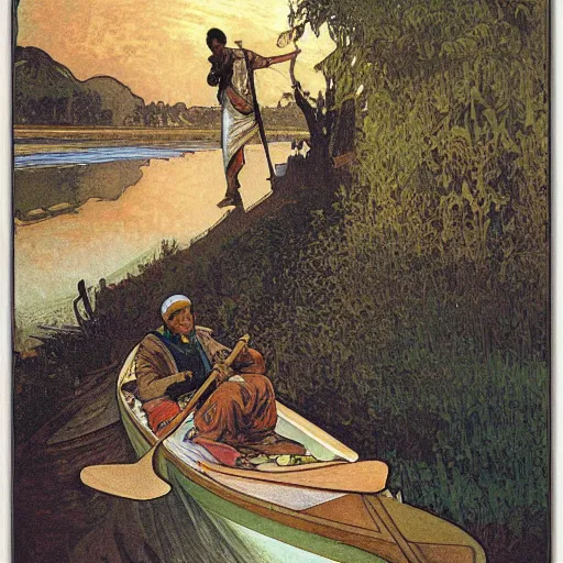 Prompt: canoe in a river, alphonse mucha, twilight