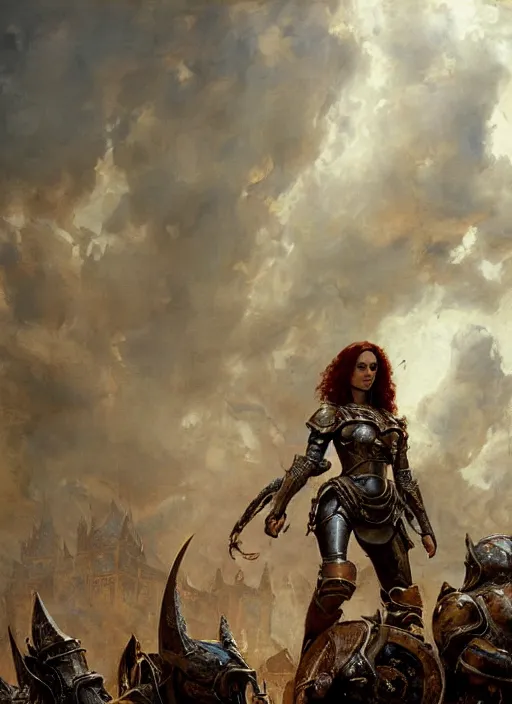 Image similar to short muscular redheaded woman wearing realistic medieval armour, megan fox, detailed by gaston bussiere, bayard wu, greg rutkowski, giger, maxim verehin, greg rutkowski, masterpiece, sharp focus, cinematic lightning