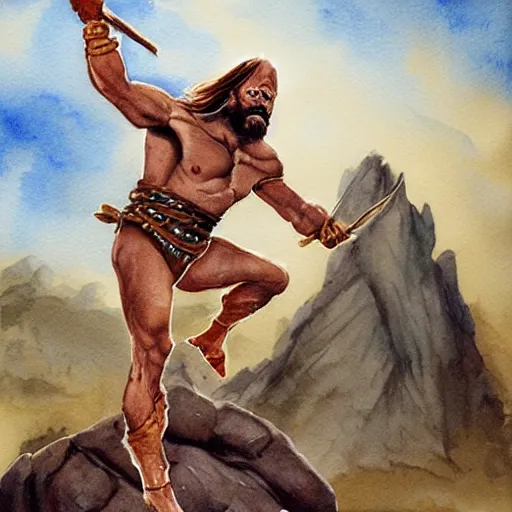 Image similar to randy savage with an anchor slung over his shoulder and foot heroically on a boulder posing in desolate wasteland | fantasy watercolour painting | middle earth | conan | darksun | d & d dungeons and dragons | barbarian