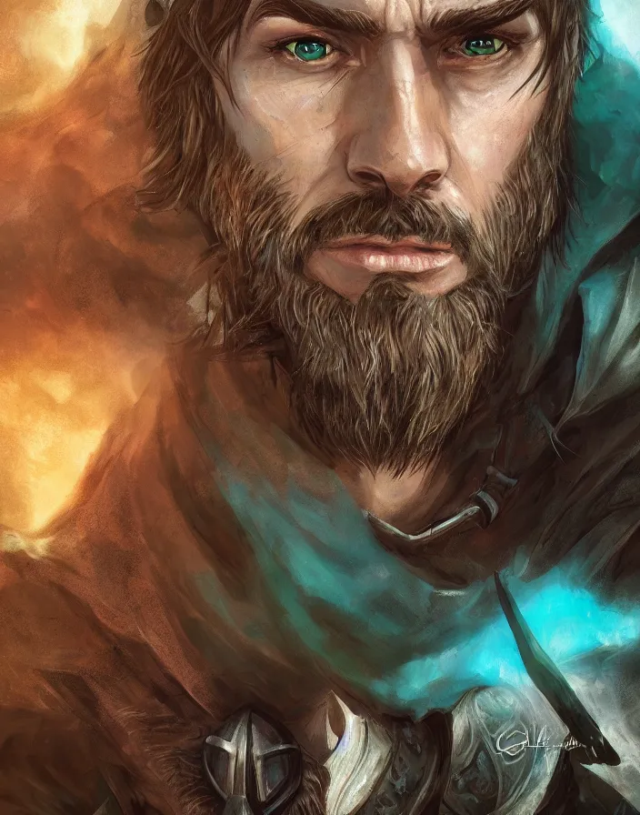 Image similar to An epic fantastic realism comic book style portrait painting of an arrogant half elf ranger with shaggy brown hair, scruffy beard, scar on face, teal tunic, 8k, 4k, D&D Concept Art, unreal 5, DAZ, hyperrealistic, octane render, cosplay, RPG portrait, dynamic lighting