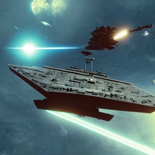 Prompt: a star destroyer being brought down by one powerful jedi, moons in the background