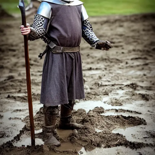 Image similar to Young medieval squire. Standing in the mud. Face closeup. Hyper realistic photo.