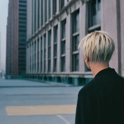 Prompt: kodak portra 4 0 0 photograph of a skinny blonde guy standing in empty dystopian city, back view, flower crown, moody lighting, telephoto, 9 0 s vibe, blurry background, vaporwave colors, faded!,