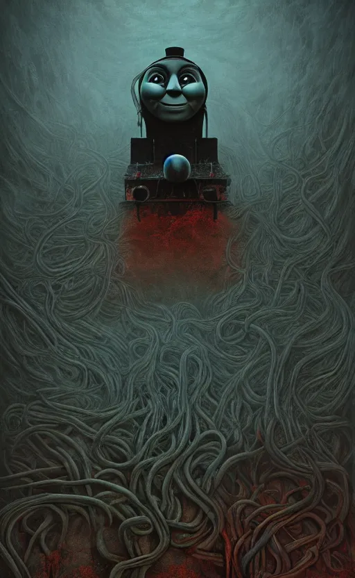 Image similar to thomas the tank engine in style of zdzisław beksinski, extremely dramatic lighting, 8 k, tendrils, black, darkness, black slime tendrils, infected, rust, body horror, thomas the train, thomas the tank engine face, horror,