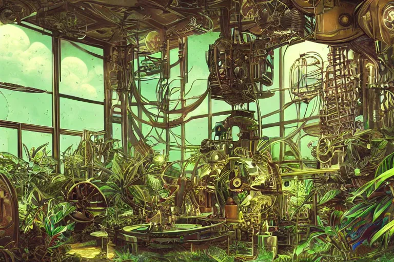 Prompt: Inside a steampunk machine room with lush vegetation growing around the machines, tropical trees, large leaves, flowers, space galaxy stars planets showing thought the windows, beatifully lit, vintage science fiction illustration