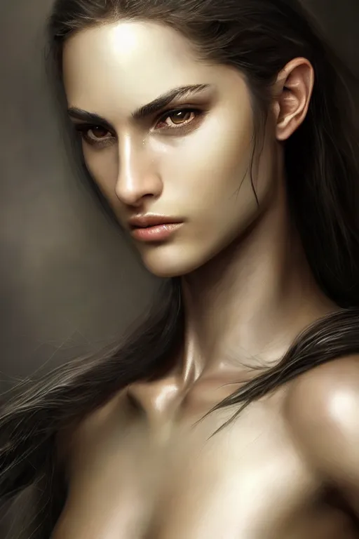 Image similar to a photorealistic painted portrait of an attractive young girl, partially clothed in metal-plated battle armor, olive skin, long dark hair, flawless skin, beautiful bone structure, perfectly symmetric facial features, perfect photorealistic eyes, natural physique, intricate, elegant, digital painting, concept art, finely detailed, beautifully illustrated, sharp focus, minimal artifacts, from Metal Gear, by Ruan Jia and Mandy Jurgens and Artgerm and William-Adolphe Bouguerea, in the style of Greg Rutkowski, trending on Artstation, award winning art