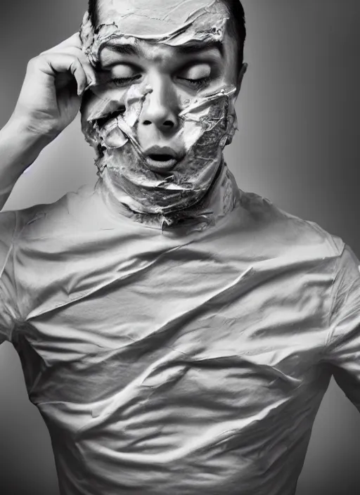 Prompt: a hyper realistic ultra realistic photograph of a man transforming into crumpled paper, top secret, highly detailed, 8k photo