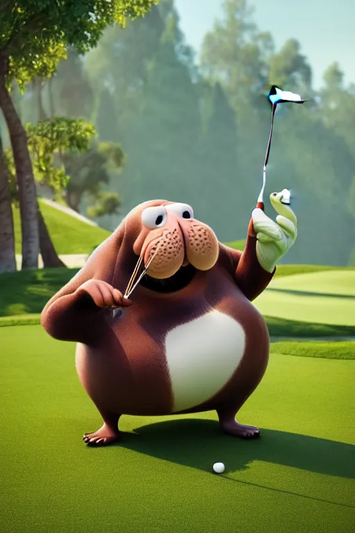 Image similar to pixar walrus playing golf | glamorous oily soft polished rich ornate modern | weta disney pixar movie still photo | hi - fructose, sci fi fantasy, smooth, octane render, sharp focus, artstation, concept art | artgerm, mucha, rutkowski, feng zhu, wlop, loish