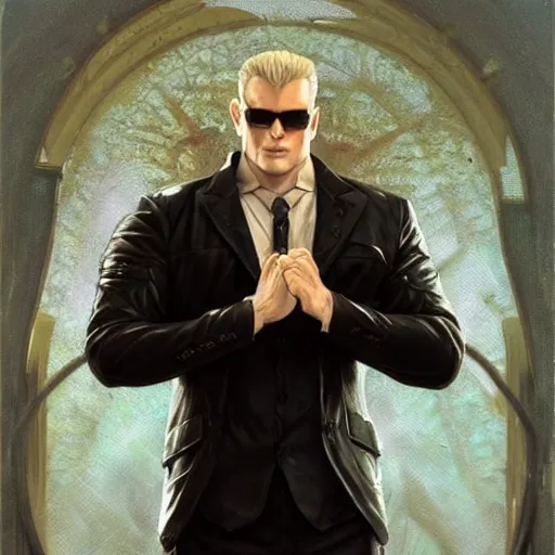 Prompt: Albert Wesker from Resident Evil, highly detailed, digital painting, artstation, concept art, smooth, sharp focus, illustration, ArtStation, art by artgerm and greg rutkowski and alphonse mucha and J. C. Leyendecker and Edmund Blair Leighton and Katsuhiro Otomo and Geof Darrow and Phil hale and Ashley wood and Ilya repin and Charlie Bowater