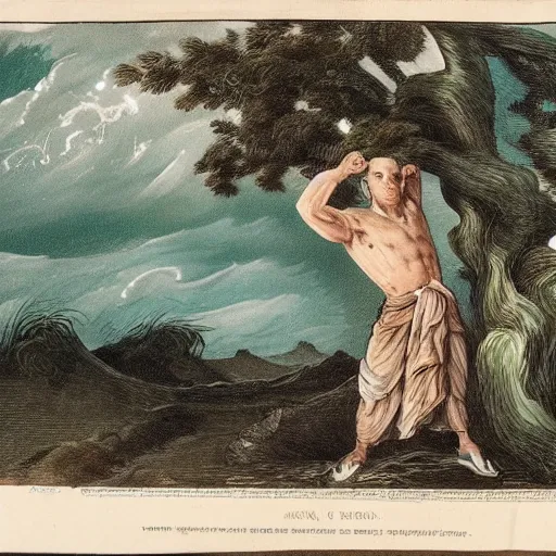 Prompt: The print shows a man caught in a storm, buffeted by wind and rain. He clings to a tree for support, but the tree is bent nearly double by the force of the storm. The man's clothing is soaked through and his hair is plastered to his head. His face is contorted with fear and effort. Adventure Time, mint by Tibor Nagy, by Mab Graves evocative