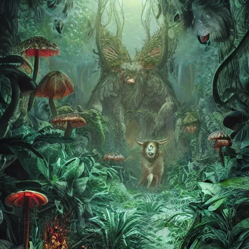 Image similar to Intricate detailed illustration, demonic and evil woodland creatures in a lush tropical jungle, 🍄 , 🌱, cinematic lighting, by Philip Hood, wide angle, volumetric light scattering, 8k, artstation, concept art,