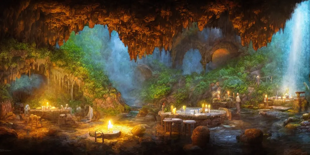 Image similar to detailed interior of cozy hotsprings hidden inside a cave, small waterfalls, lush vegetation, flowers, towels, plates of fruit, candlelight, digital painting, concept art, light shafts, stunning atmosphere, by gerald brom, cinematic lighting