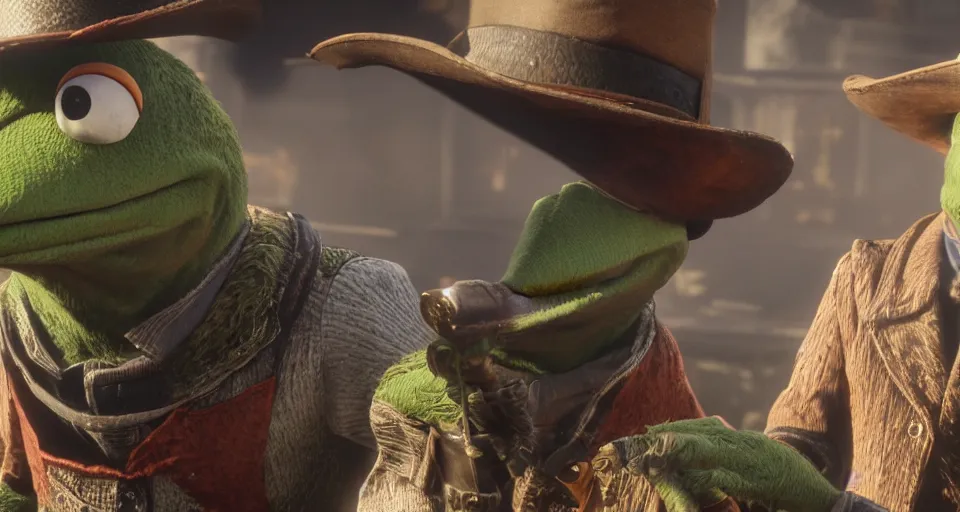 Image similar to Screenshot of Kermit the Frog as a 3d cowboy in full cowboy attire in the videogame 'Red Dead Redemption 2'. Sharpened. 1080p. High-res. Ultra graphical settings.