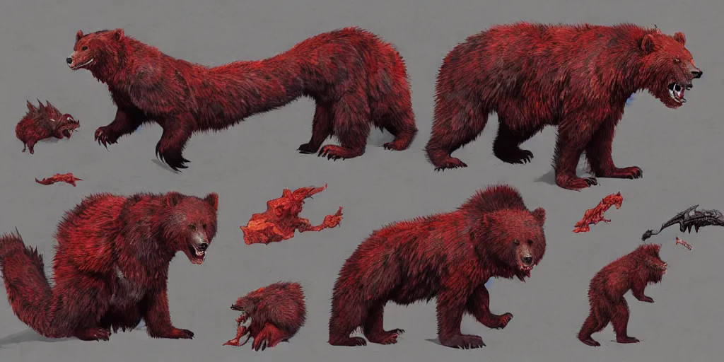 Image similar to Crimson red draconian grizzly bear character design sheet, Monster Hunter Illustrations art book, scaly, demonic, reptilian, white stripes all over its body, Moebius, Greg Rutkowski, Zabrocki, Karlkka, Jayison Devadas, Phuoc Quan, trending on Artstation, 8K, ultra wide angle, zenith view, pincushion lens effect.