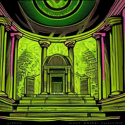 Prompt: Interior of Greek Temple covered in green lychen in the graphic style of Patrick Gleason and Marvel Comics, hyper detailed, trending on artstation, glow, volumetric, intricate, symmetric, Beautiful comic art