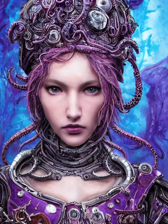 Image similar to portrait art of 8k ultra realistic purple-eyed girl,intricate red crown on small purple tentacles, detailed intricate blue ornate armour,decaying, cybernetic, full of colour, cinematic lighting, trending on artstation, 4k, hyperrealistic, focused, extreme details,unreal engine 5, cinematic, masterpiece, art by ayami kojima, giger