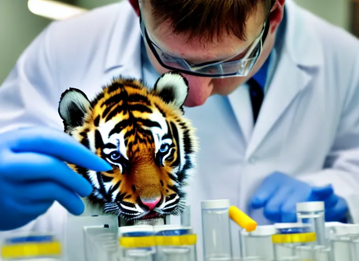 Image similar to film still of a tiger cub working in a research lab filling test tubes, 8 k