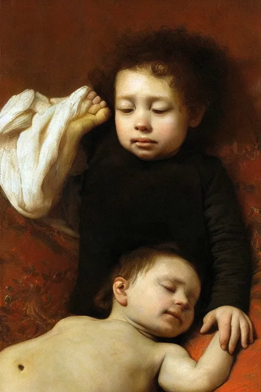 Prompt: a beautiful oil painting portrait of a little sleepy boy listening lullabies by Rembrandt and Dino Valls and George Stubbs and Greg Rutkowski