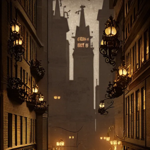 Prompt: painting of a 1 9 2 0 s gothic style hotel in downtown boston, overlooking a dark street, architectural, atmospheric lighting, brooding, painted, intricate, ultra detailed, well composed, best on artstation, cgsociety, epic, horror, stunning, gorgeous, intricate detail, much wow, masterpiece, cinematic aesthetic octane render, 8 k hd resolution,