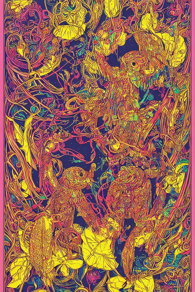 Image similar to beautiful colorful hyperrealist highly detailed psychedelic music poster'ladies and gentleman the electric owls live at the fillmore with their guests lemonade circus ', neo art nouveau, beautiful high contrast colored wood engraving, moebius comic style, shocking detail trending on artstation 8 k