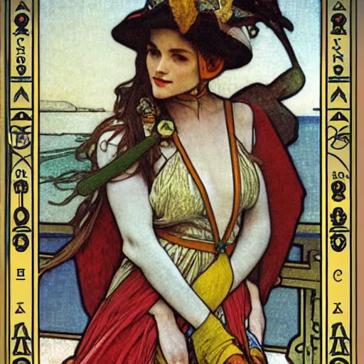 Prompt: Jester on the front of a Balustrade with a beach on the background, major arcana cards, by paul delaroche and alphonse mucha, hyperrealistic 8k, very detailed