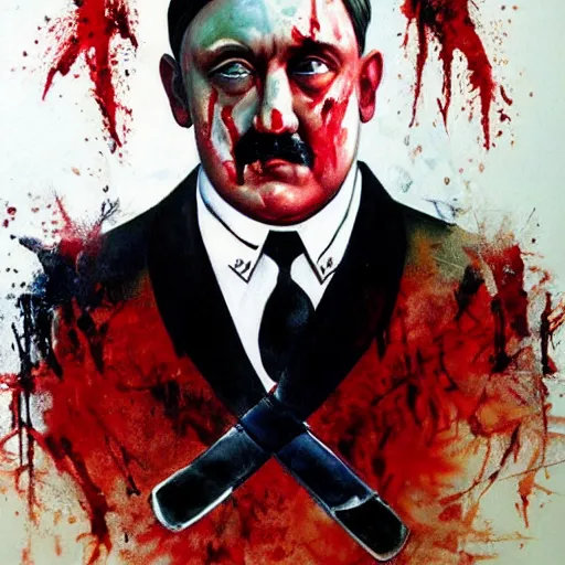 Prompt: a beautiful complex painting of adolf hitler with a bloody face face view