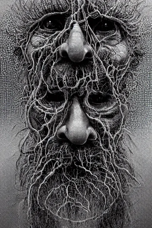 Image similar to ascii art, hyperrealism oil painting, close - up portrait of a scary old man with ten eyes and mandibles, in style of baroque zdzislaw beksinski