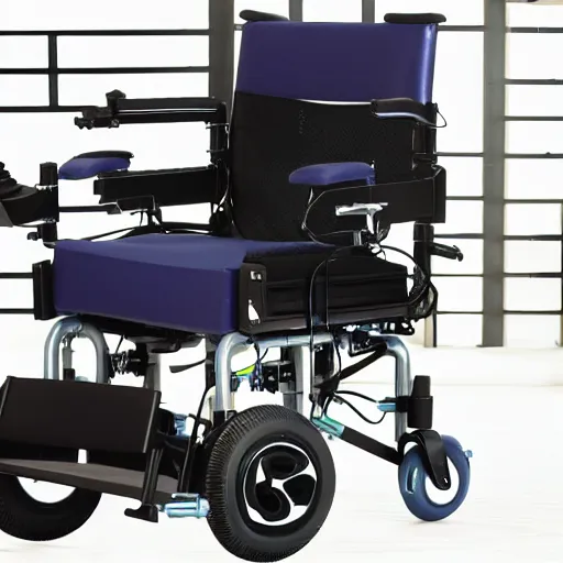 Prompt: a cyberpunk electric wheelchair equipped with a computer shelf that can be moved to work